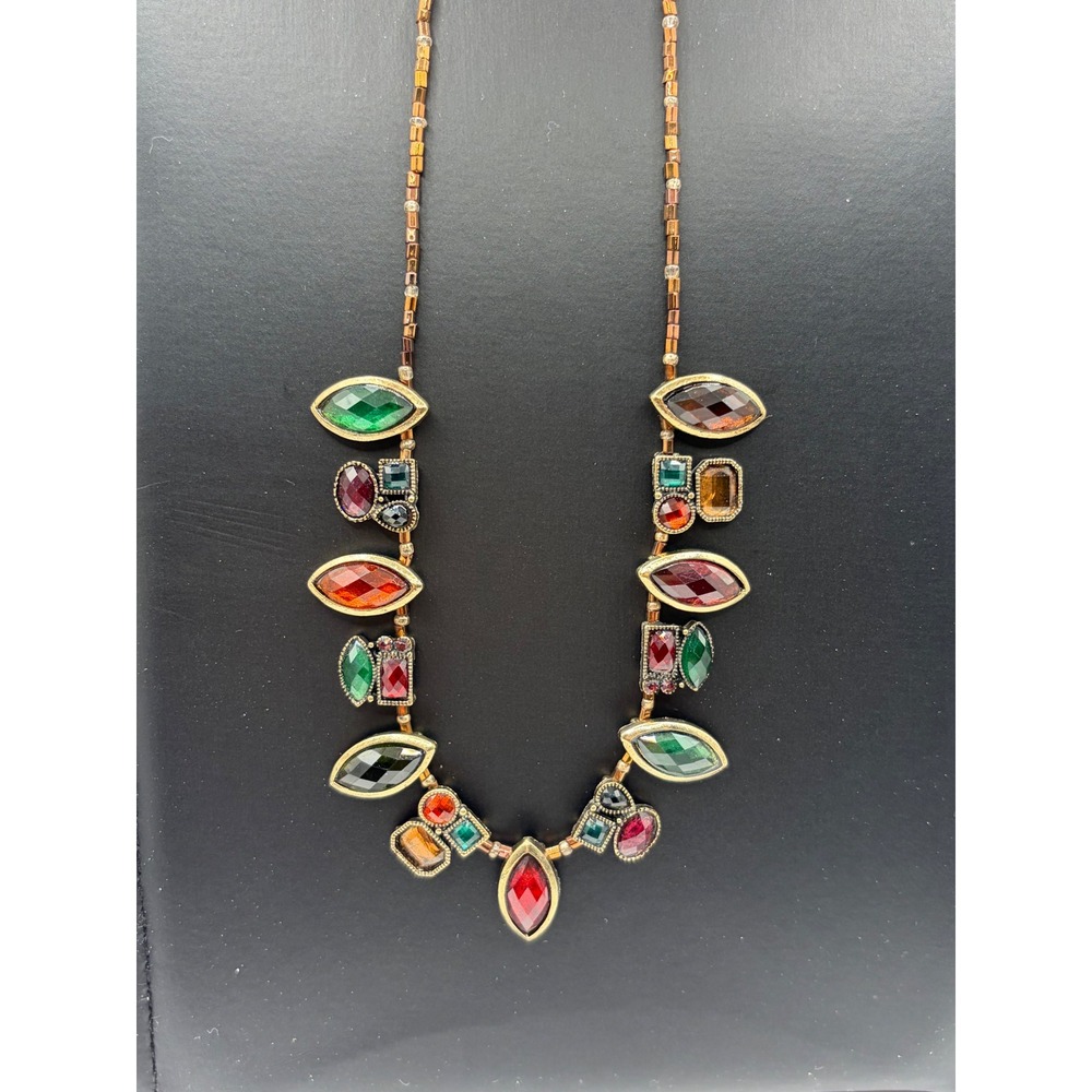 Multicolor Jewel Tone Crystal Bib Necklace Antique Brass Statement Boho 18in